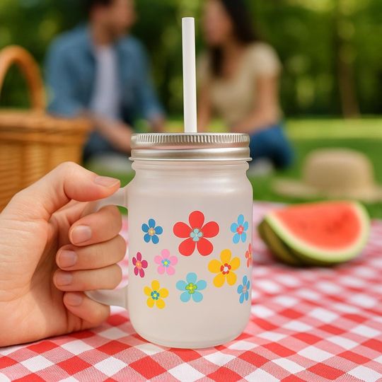 Discover Frosted Mason Jar with Lid & Straw 12oz Floral Design