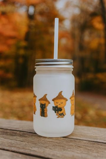 Discover Halloween Mason Jar with Scarecrow and Cat Design, Cute Fall Decor