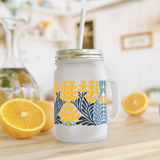 Discover Flowery Meadow Mason Jar with Lid and Straw, Vintage Glass Cup, Summer Drinkware