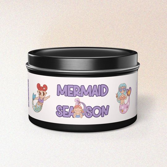 Discover Mermaid Season Candle | Soy Wax Black Tin Candle with White Label | 8 oz | Cute gift for Summer Beach Party | Kid's Party Decoration