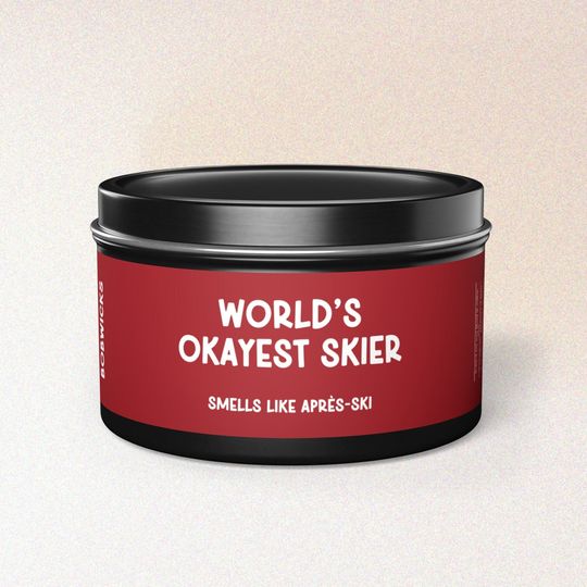 Discover World's Okayest Skier Candle | 8 oz Soy Wax Tin Candle in Black | Funny gift for Skiing | Gift for Ski Trip, Winter Cabin Decor