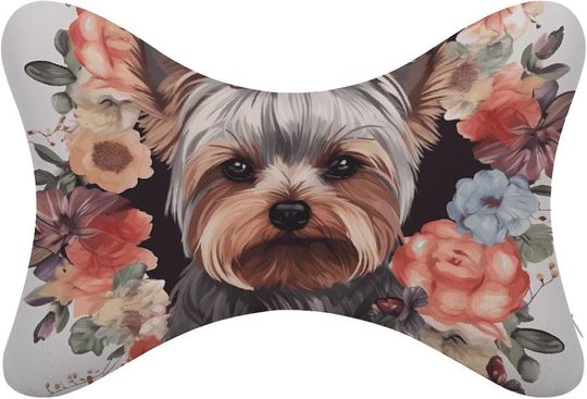 Discover Car Neck Pillow, Yorkie Floral Print Car Pillow Set of 2 Memory Foam Car Pillow Car Headrest Pillow Travel Neck Pillow