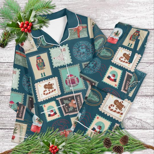 Discover Retro Stamp Christmas Pajama Set | Matching Festive Sleepwear