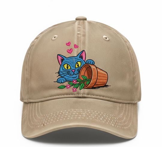 Discover Playful Blue Cat and Flower Pot Embroidered Hat  Baseball Cap for Cat Lovers