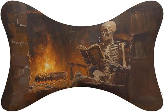 Discover A Skeleton Sitting at A Fireplace Reading A Book Neck Bone Pillows