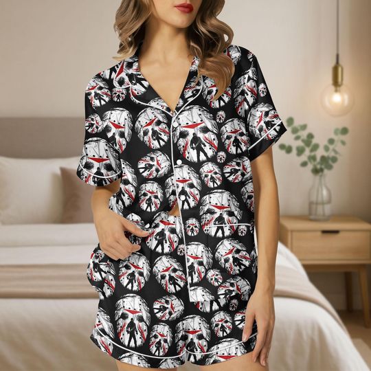 Discover Halloween Horror Satin Pajama Set, Jason Mask Pajamas