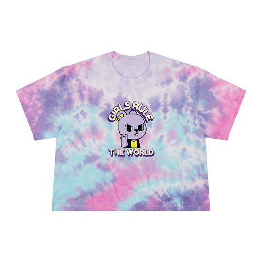 Discover Girls Rule The World Cat Graphic Print Women's Tie-Dye Crop Tee, Cropped T-Shirt