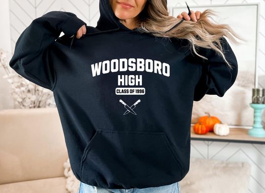 Discover Woodsboro Highschool Hoodie, Horror Movie Hoodie, Slasher Shirt, Halloween Horror Movie Fan, Creepy Season, Horror Movie High School Hoodie