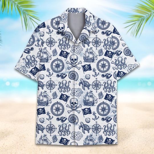 Discover Vintage Pirate Skull Hawaiian Shirt For Men Women Youth, Pirate Shirt Men Button Up Shirts, Sea Animal Beach Short Sleeves Shirt