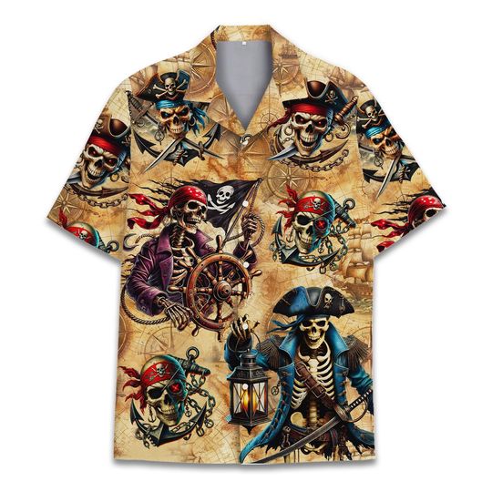 Discover Pirate Skeleton Hawaiian Shirt For Men Women Youth, Pirate Shirt Men Button Up Shirts, Summer Beach Short Sleeves Skull Shirt