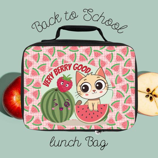 Discover Cute Cat Lunch Bag, Very Berry Good, Insulated Food Carrier, Fun School Lunchbox, Summer Meal Bag, Watermelon Cat Lunchbox
