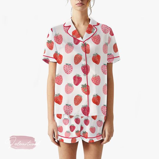 Discover Jam Strawberry Set  Cute Summer Pajamas with Pink and Red Strawberry Print, Short Sleeve Button Top & Shorts, Soft Womens Sleepwear Gift