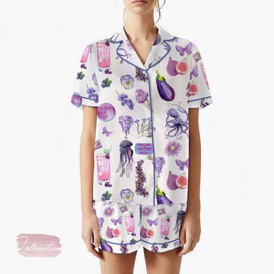Discover Purple Collection Set | Silky Satin Pajama Set for Women | Aesthetic Purple Print Sleepwear | Summer Loungewear Gift | Pastel Violet Lounge