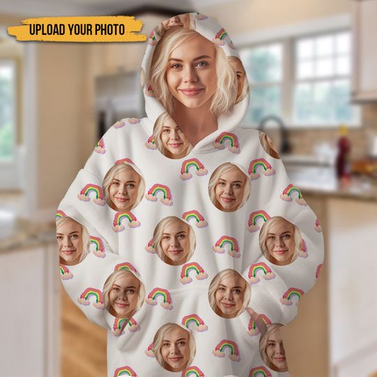 Discover Personalized Oversized Blanket Hoodie Custom Face Warm Hoodie Rainbow Pattern Gift For Besties Mother
