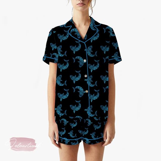 Discover Hawaii Mano Shark Lover Pajama Set  Tribal Shark Print Short Sleeve Sleepwear, Ocean-Inspired Loungewear Gift for Sea Lovers