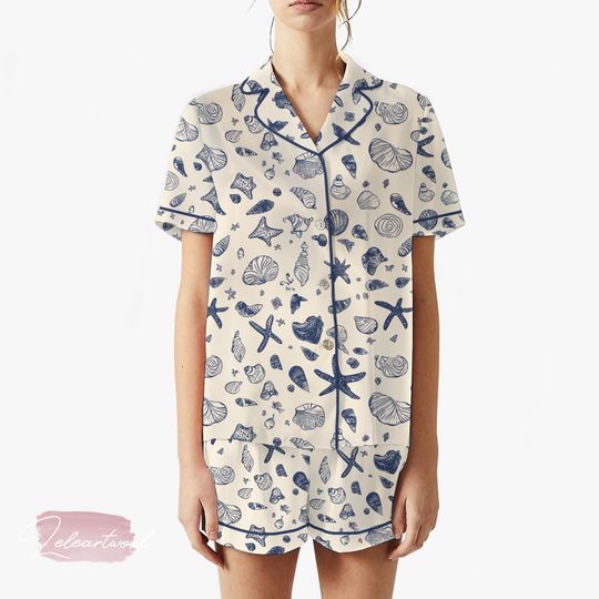 Discover Sea Shell Art Pajama Set  Nautical Blue Seashell Short Sleeve Sleepwear, Beach Lover Loungewear Gift for Summer Relaxation