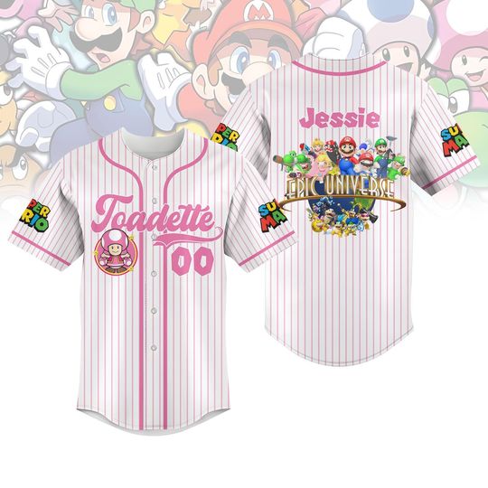 Discover Toadette Personalized Jersey Shirt, Epic Universe Baseball Top, Mario Vacation Outfit, Super Mario Epic Universe Baseball Jersey Shirt