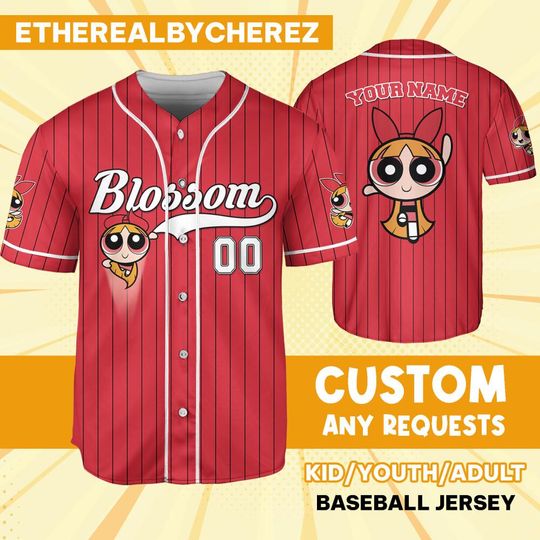 Discover Personalize Blossom Jersey Red Black, Custom Kids, Youth, Adult, Birthday, Cartoon Team Outfit
