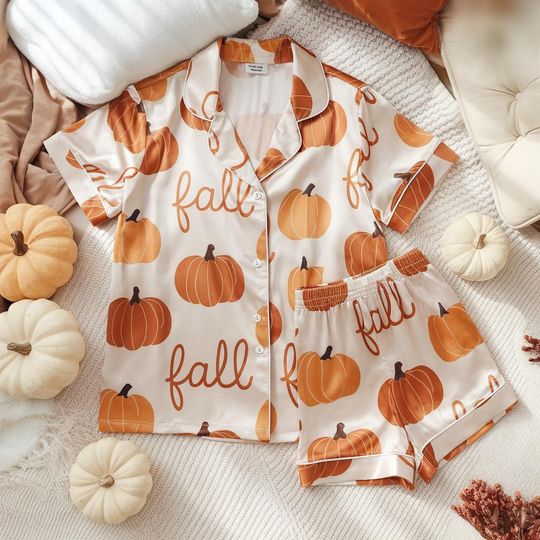 Discover Cozy Fall Aesthetic Satin Pajamas, Boho Autumn Pjs