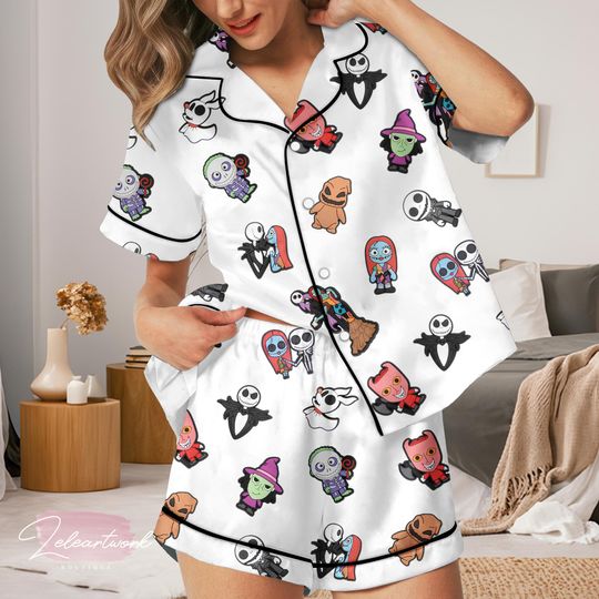 Discover Horror Movie Characters Pajama Set  White Satin Short Sleeve & Shorts with Cute Spooky Cartoon Print | Halloween Sleepwear