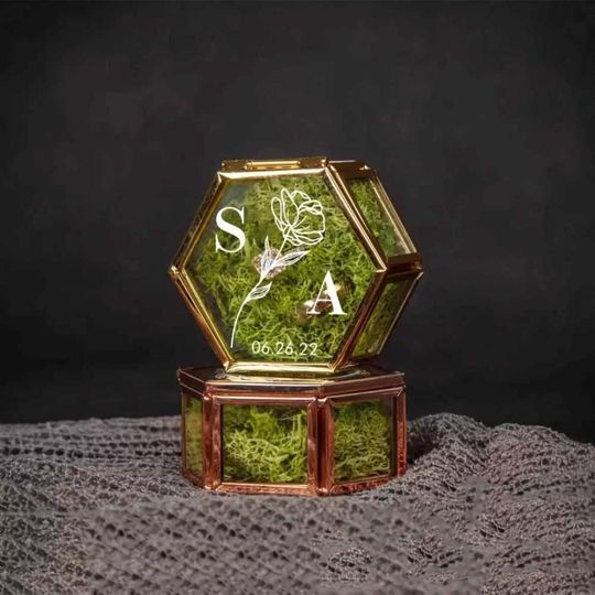 Discover Custom Names Hexagon Glass Ring Box with Faux Moss