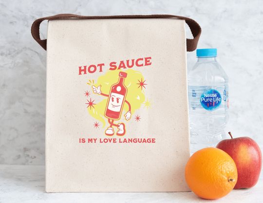 Discover Hot Sauce Lover Lunch Bag, Hot Sauce Is My Love Language Canvas Lunch Bag With Strap, 100% Cotton 12.5" x 8" x 5.5"  Reusable Bag