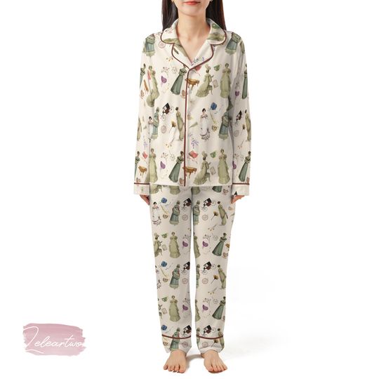 Discover Miss Bennet Set | Silky Satin Pajama Set for Women | Jane Austen Regency Print Sleepwear | Bookish Cottagecore Loungewear