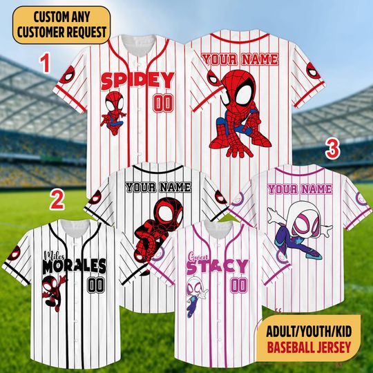 Discover Personalize Spidey And His Amazing Friends Cute White Color, Custom Spider Verse Baseball Jersey Team, Disneyyy Baseball Team Outfit