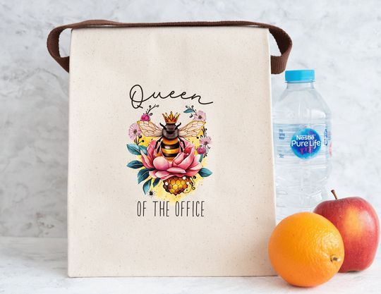 Discover Queen of the Office Queen Bee Lunch Bag, 100% Cotton Canvas Lunch Bag With Strap, 12.5" x 8" x 5.5"  Reusable Work Lunch Bag Gift for Her