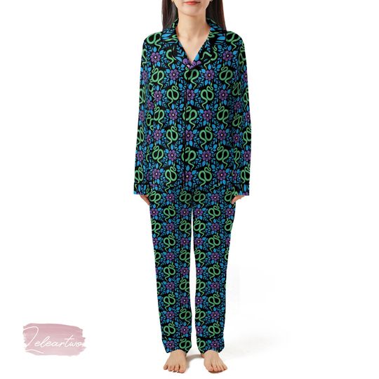 Discover Green Snake Floral Satin Pajama Set for Women | Botanical Serpent Print Loungewear | Bold Boho Sleepwear