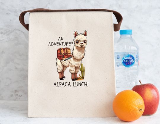 Discover Alpaca Lunch Bag, Cute Road Trip Travel Lunch Bag, 100% Cotton Canvas Lunch Bag With Strap, 12.5" x 8" x 5.5" Reusable Lunch Bag