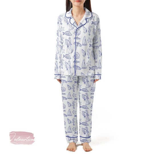 Discover Sorrento Mediterranean  Nautical Summer Pajama Shorts | Blue Sea Life Sleepwear Set | Coastal Lounge Gift