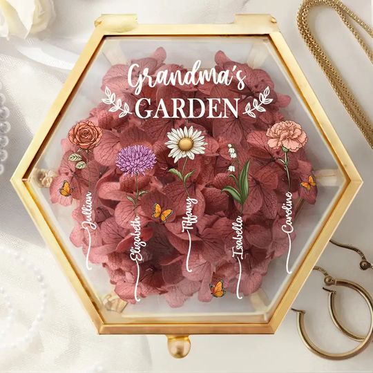 Discover Grandma's Garden Birth Flower Hexagon Glass Jewelry Boxes