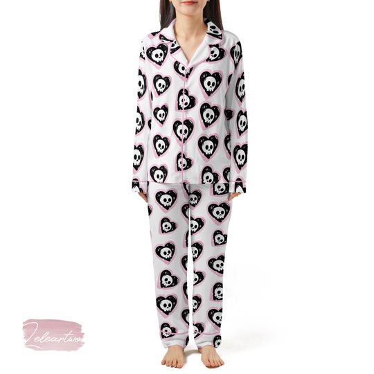 Discover Sweetheart Skulls Pajama Set  Pink Goth Heart Skull Short Sleeve Sleepwear