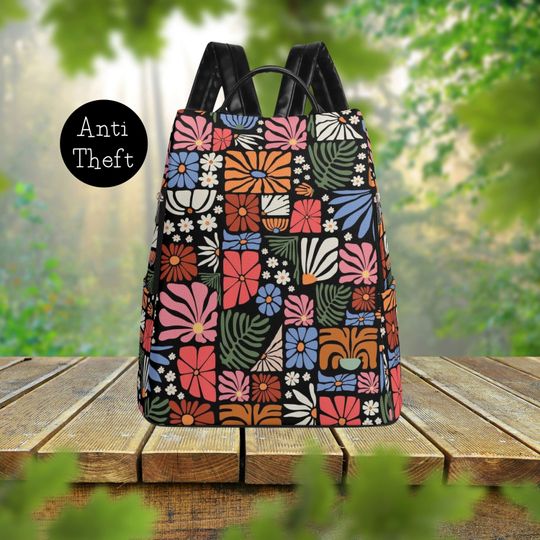 Discover Boho Wildflowers Travel PU Daypack Anti-theft Backpack