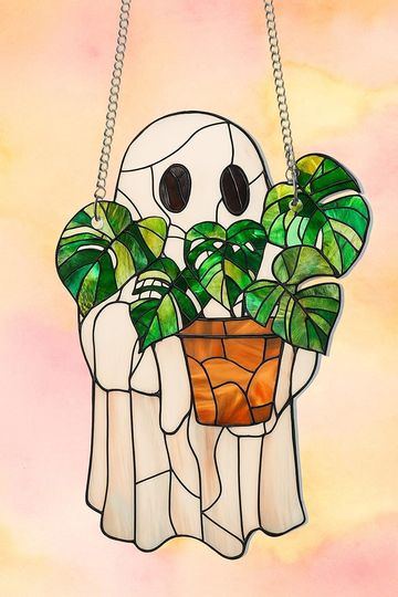 Discover Halloween Ghost Window Hanging , Cute Ghost Monstera Acrylic Suncatcher,Halloween Ghost Suncatcher,Cute Ghost Plant Tree And Cat Suncatcher