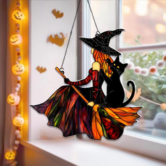 Discover Witch And Black Cat Acrylic Ornament Suncatcher, We Fly Funny Witch