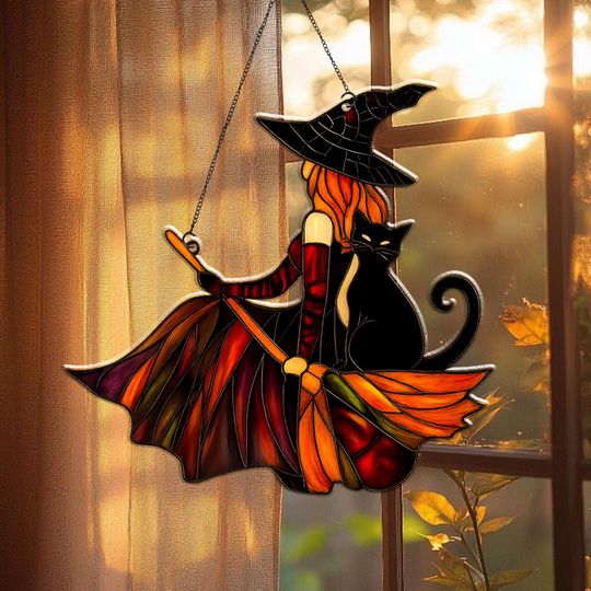 Discover Gothic Witch and Black Cat Acrylic Suncatcher, Witch Halloween Window