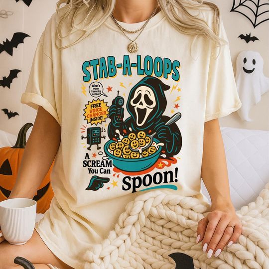 Discover Stab-A-Loops Horror Cereal Box Halloween T-Shirt, Spooky Cereal Box Shirt