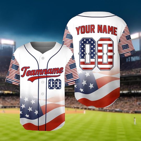 Discover Personalized White Red Blue 4th Of July Baseball Jersey, Custom Team Name American Flag Baseball Jersey, Patriotic Jersey For Baseball Lover