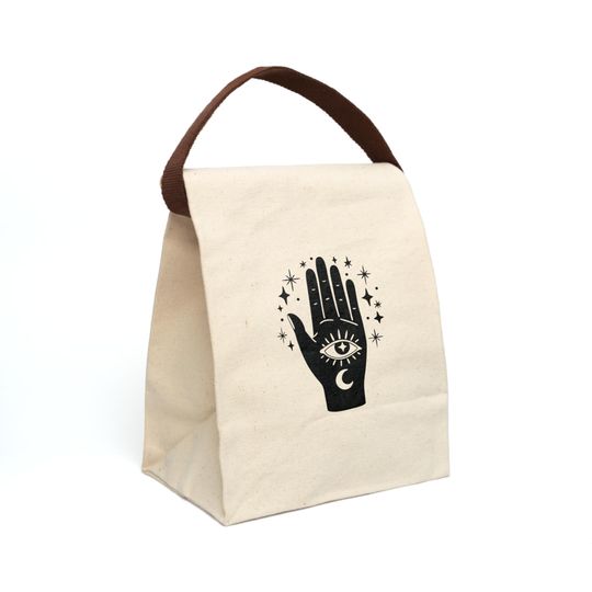 Discover Bohemian Canvas Lunch Bag, Eco-Friendly Tote with Handprint Design, Perfect for Picnics, Gifts, Back to School