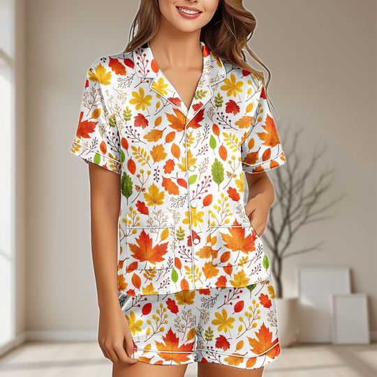 Discover Autumn Leaves Satin Pajamas Set, Fall Foliage Women Pajama