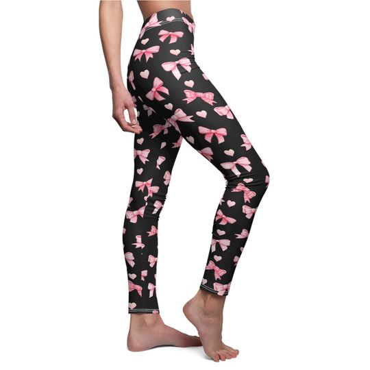 Discover Coquette Women's Pink Bow Leggings in black