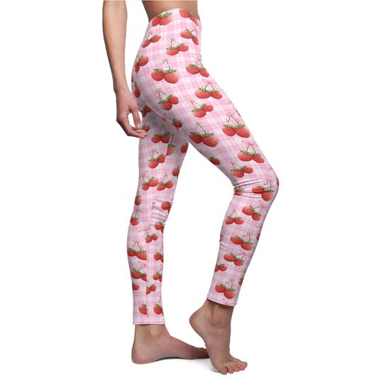Discover Coquette Women's Pink Bow Strawberry Leggings