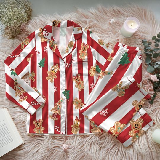 Discover Mickeyy And Friends Gingerbread Bakery Christmas Pajamas, Disneyyland Very Merry Xmas Satin Set, Holiday Family Gift