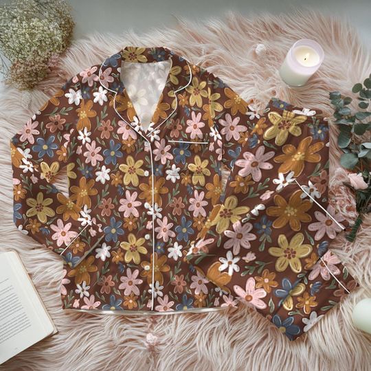 Discover Fall Cottagecore Flower Field Pajama Set, Cozy Autumn Sleepwear, Cottagecore Fall Loungewear Set, Boho Fall Floral Pajamas