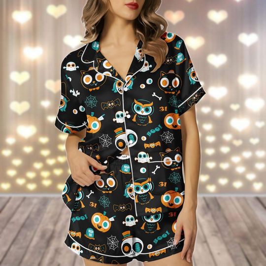 Discover Halloween Owl Bat Satin Pajamas Set, Pumpkin Ghost Women Pajamas, Jack O Lantern Sleepwear, Spider Web Pajamas, Holiday Party Gifts