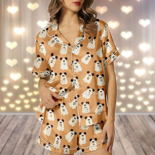 Discover Ghost Mickeyy Ears Satin Pajamas Set, Funny Halloween Women Pajamas, Cute Boo Sleepwear, Disneyyy Spooky Pajamas, Halloween 2025 Gift