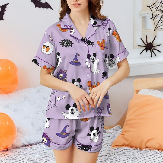 Discover Cute Halloween Pumpkin Ghost Spider Web Satin Pajamas Set, Spooky Fall Loungewear, Holiday Themed Matching PJs