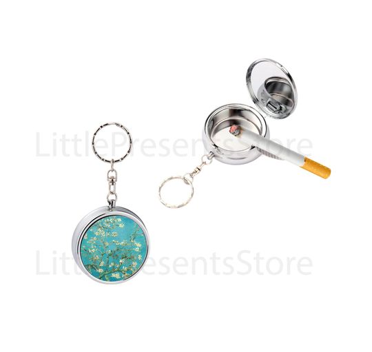 Discover Van Gogh Almond Blossoms Keychain Ashtray Pocket Smoking Accessory, Japanese Floral Travel Gift, Art Nouveau Compact Ashtray for Smokers
